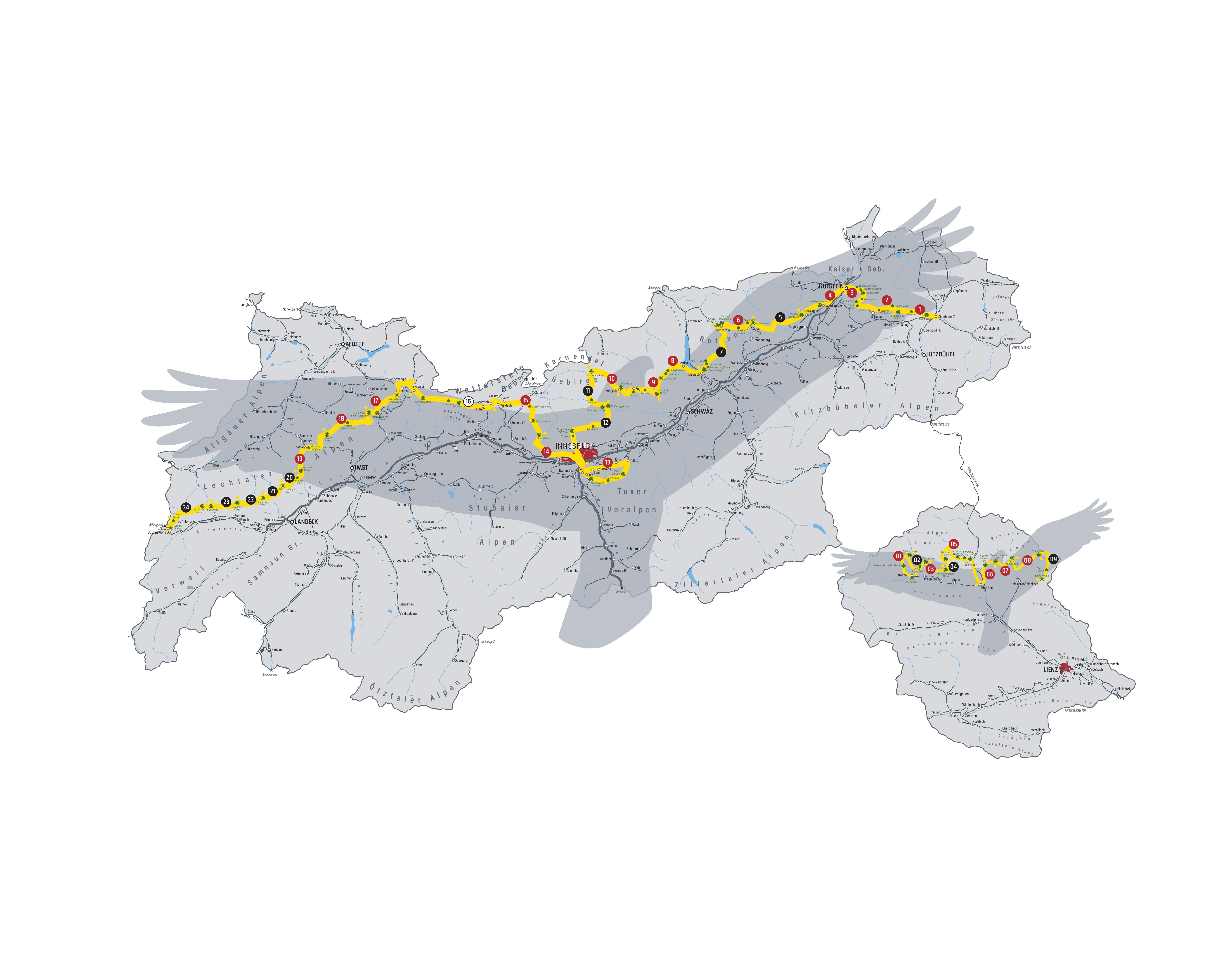 Eine grafische Karte von Tirol mit eingezeichnetem Adlerweg.