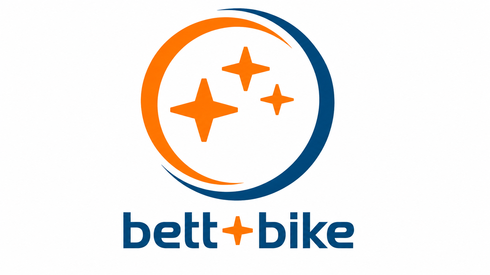 Ein Logo mit dem Schriftzug "bett+bike" in blauer Schrift. Darüber sind drei orangefarbene Sterne in einem Kreis angeordnet.