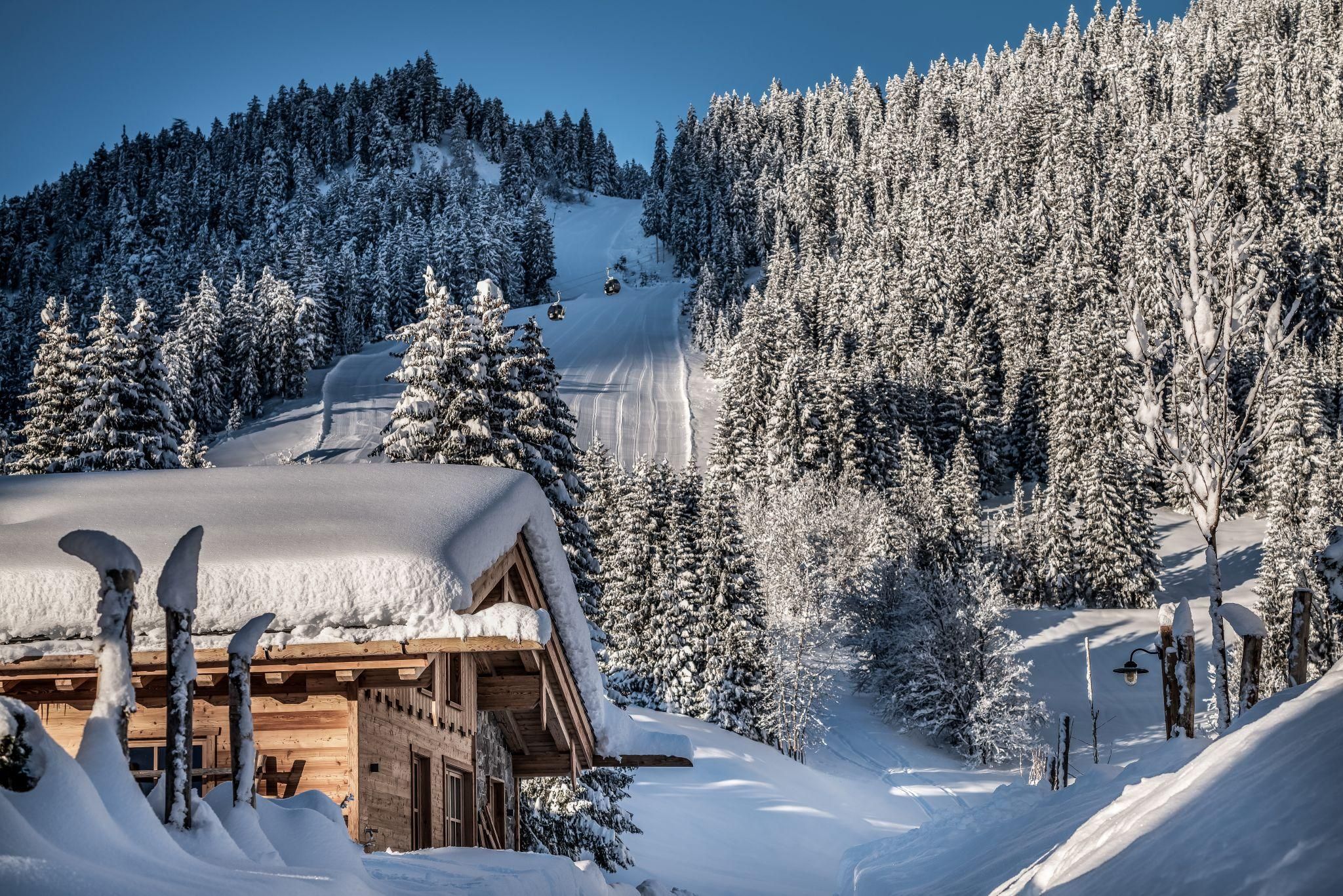 Eine malerische Winterlandschaft mit schneebedeckten Bergen und Tannen. Im Vordergrund steht ein gemütliches Chalet.