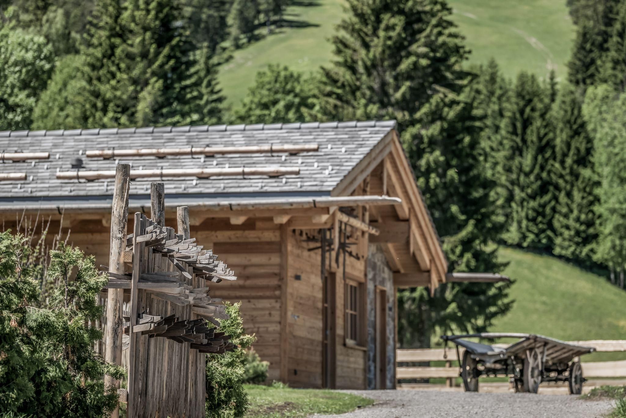 Ein traditionelles Chalet umgeben von grünen Bäumen. Im Vordergrund sind Holzgestelle und eine Schubkarre zu sehen.