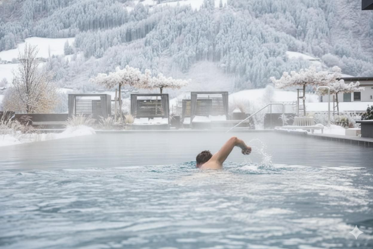 Ein Mann schwimmt in einem Außenpool, umgeben von schneebedeckten Bergen. Die Szene strahlt Ruhe und Entspannung aus.
