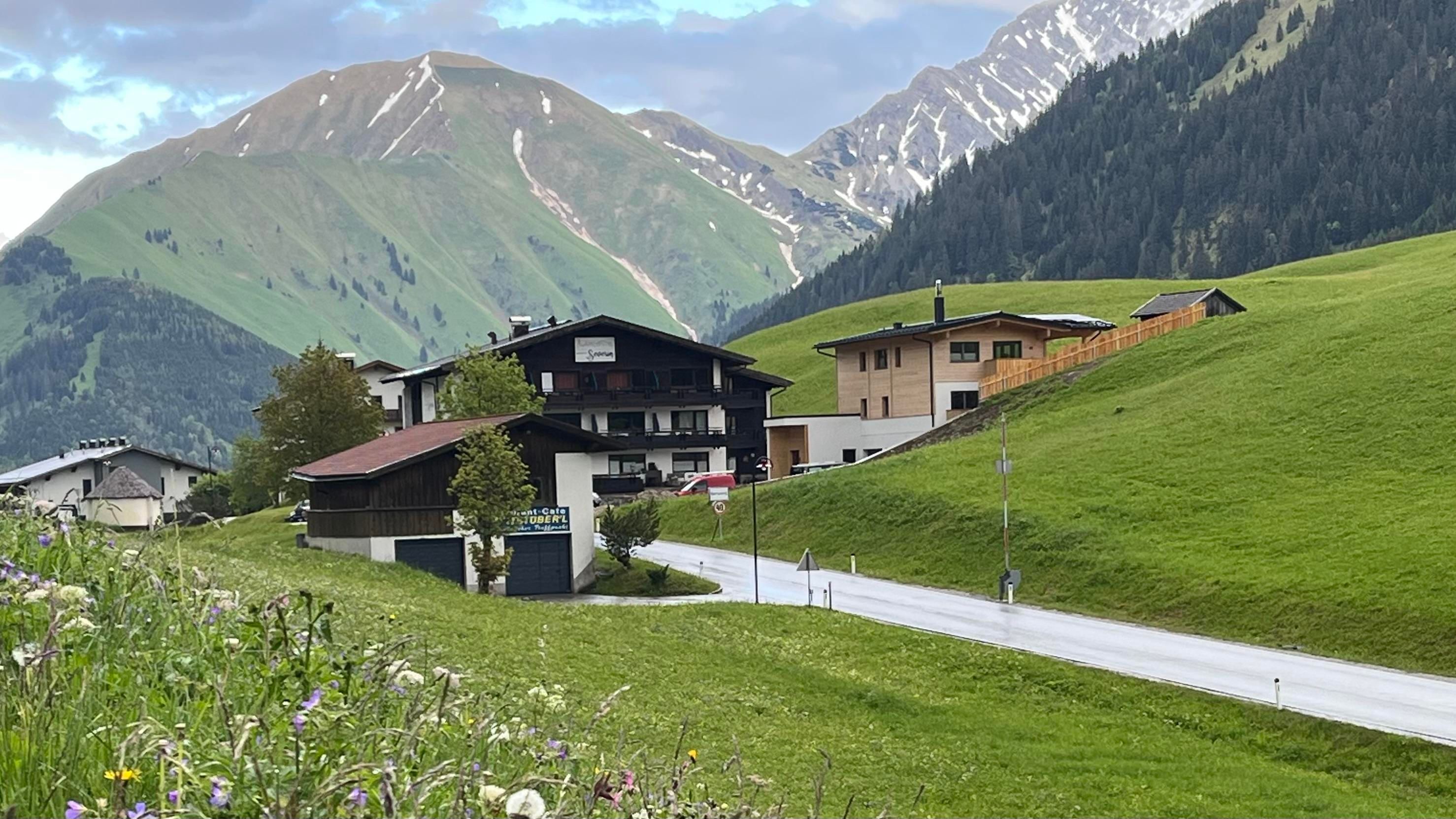 Eine malerische Landschaft mit grünen Wiesen und gemütlichen Häusern. Im Hintergrund erheben sich beeindruckende Berge.