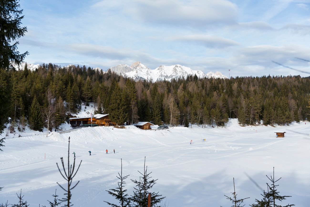 Langläufer auf Loipe zwischen schneebedeckten Wiesen und Wald, Bergkette im Hintergrund