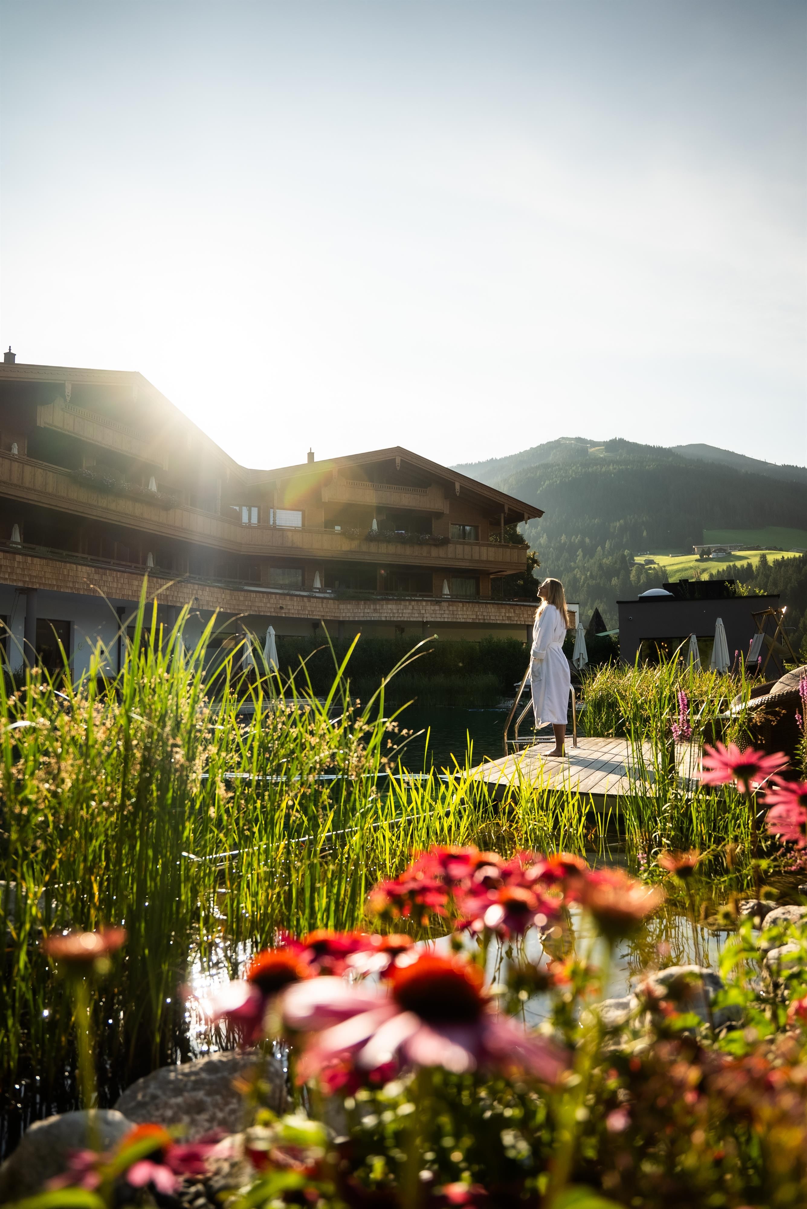 Ein schöner Aussichtspunkt mit Blumen und grüner Vegetation. Im Hintergrund sind Gebäude und der Sonnenuntergang sichtbar.