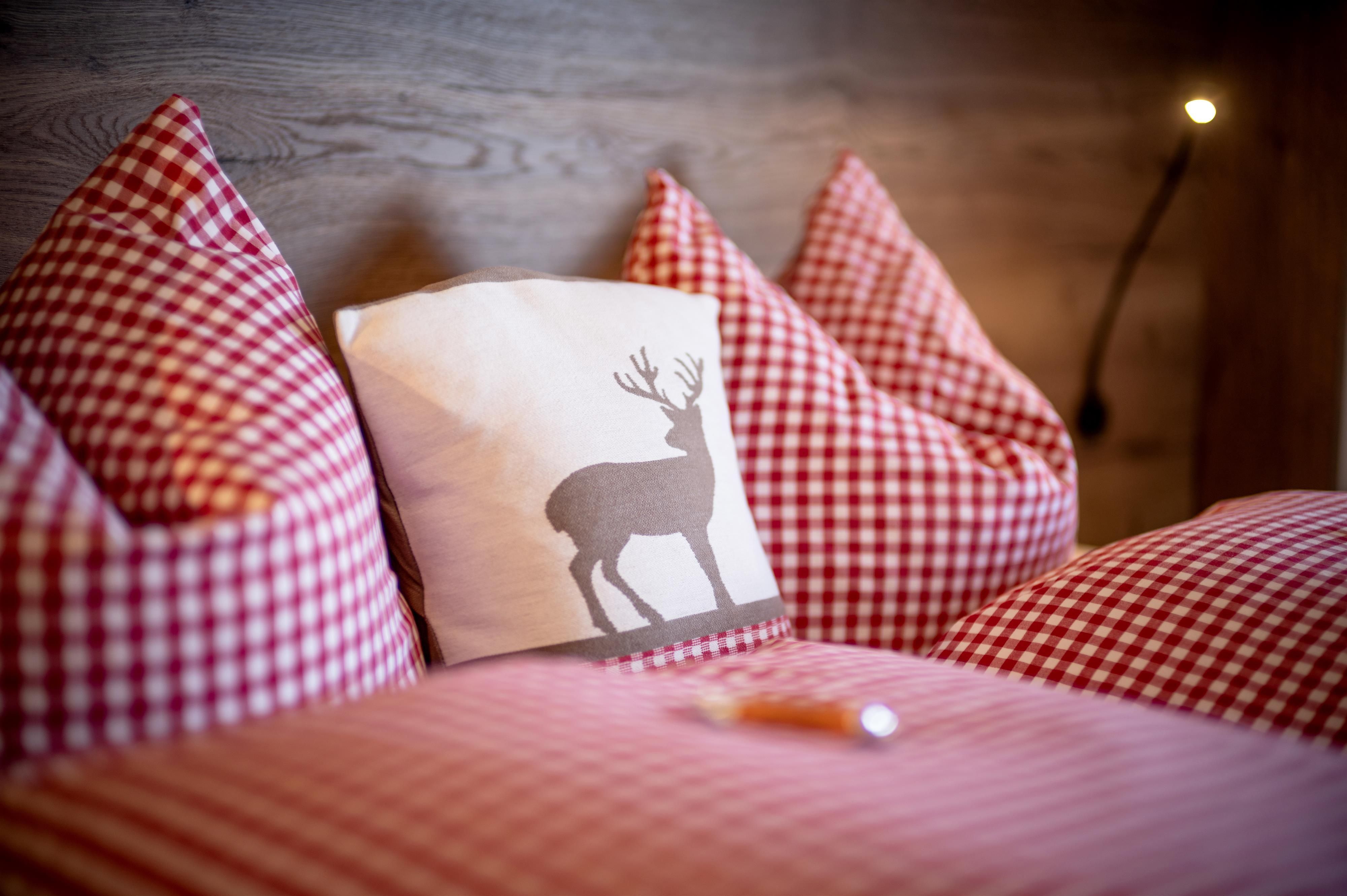 Ein gemütliches Sofa mit karierten Kissen und einem dekorativen Kissen mit Hirschmotiv. Der Hintergrund ist aus Holz und schafft eine warme Atmosphäre.