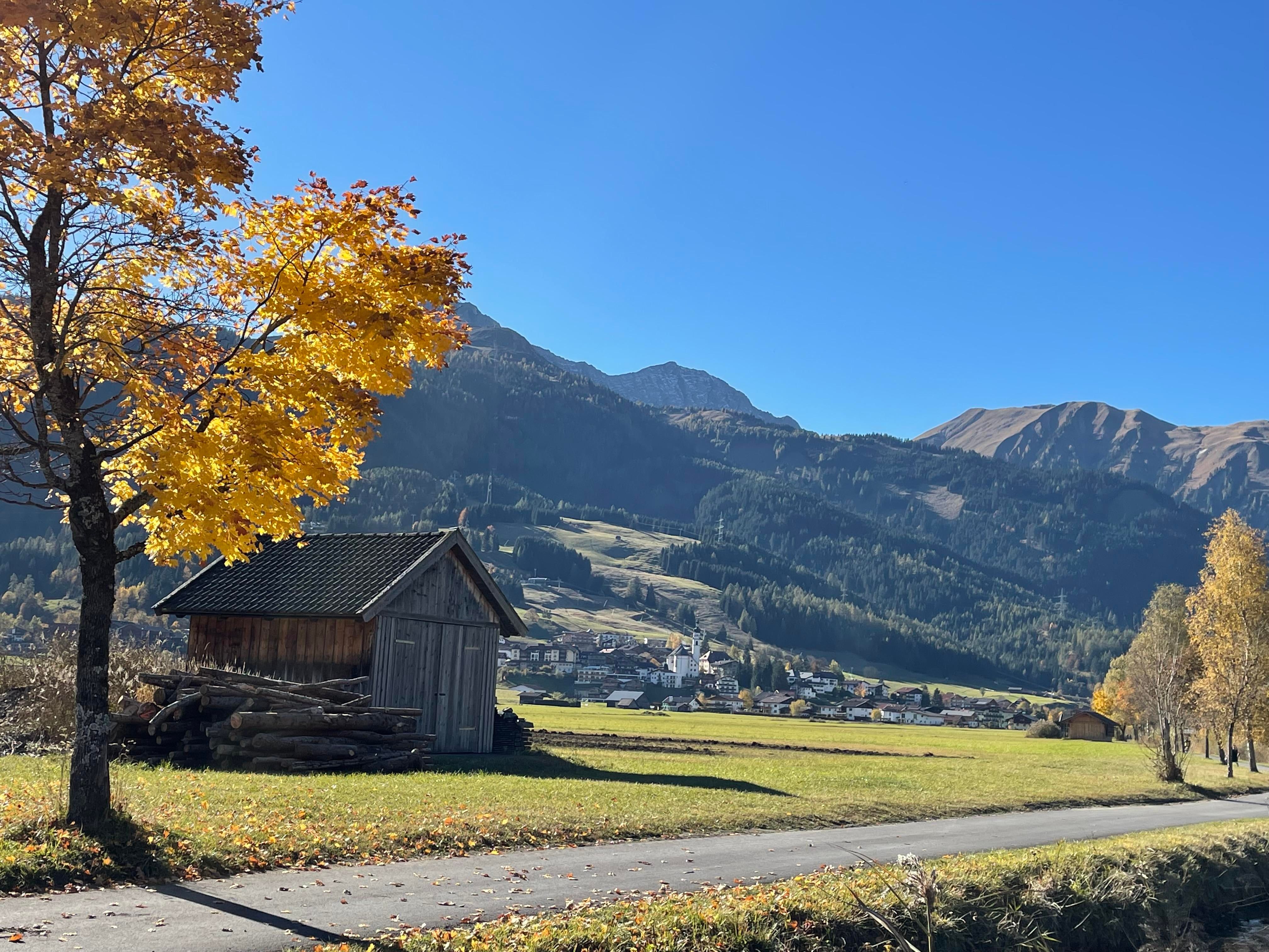 Eine malerische Landschaft mit einem kleinen Holzhaus und bunten Herbstbäumen. Im Hintergrund sind die Berge und ein klarer blauer Himmel zu sehen.