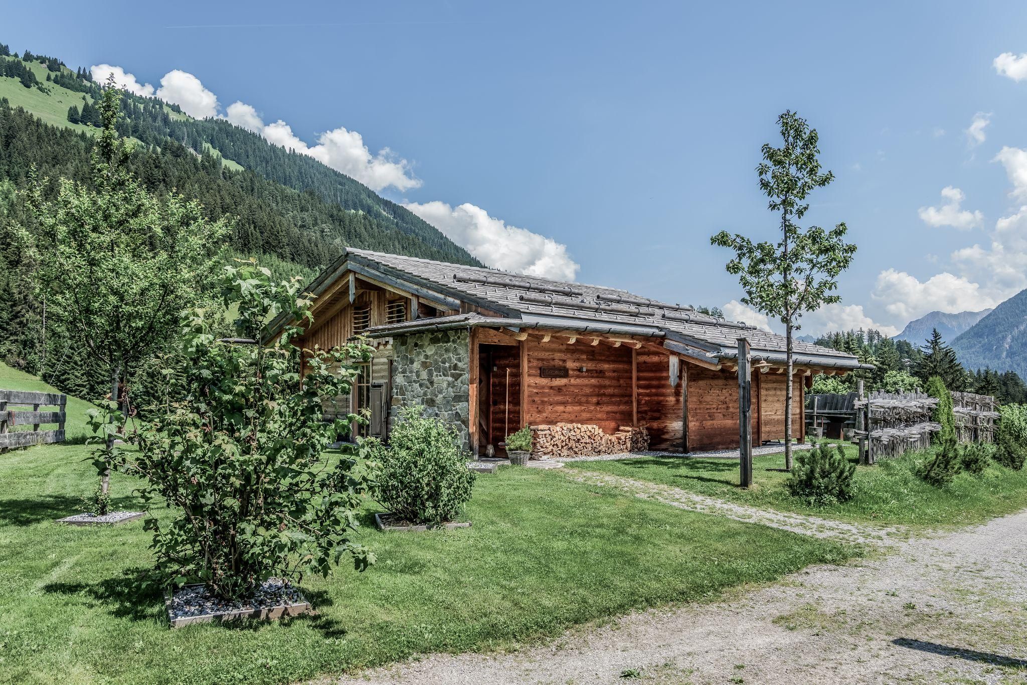 Ein modernes Chalet umgeben von grüner Wiese und Bäumen. Im Hintergrund sind sanfte Hügel und blauer Himmel zu sehen.