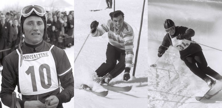 &bdquo;Mister Hahnenkamm&ldquo; Anderl Molterer, Skifahrerlegende, S&auml;nger und Schauspieler Toni Sailer, Traudl Hecher beim Damenrennen 1960
, © frischauf bild