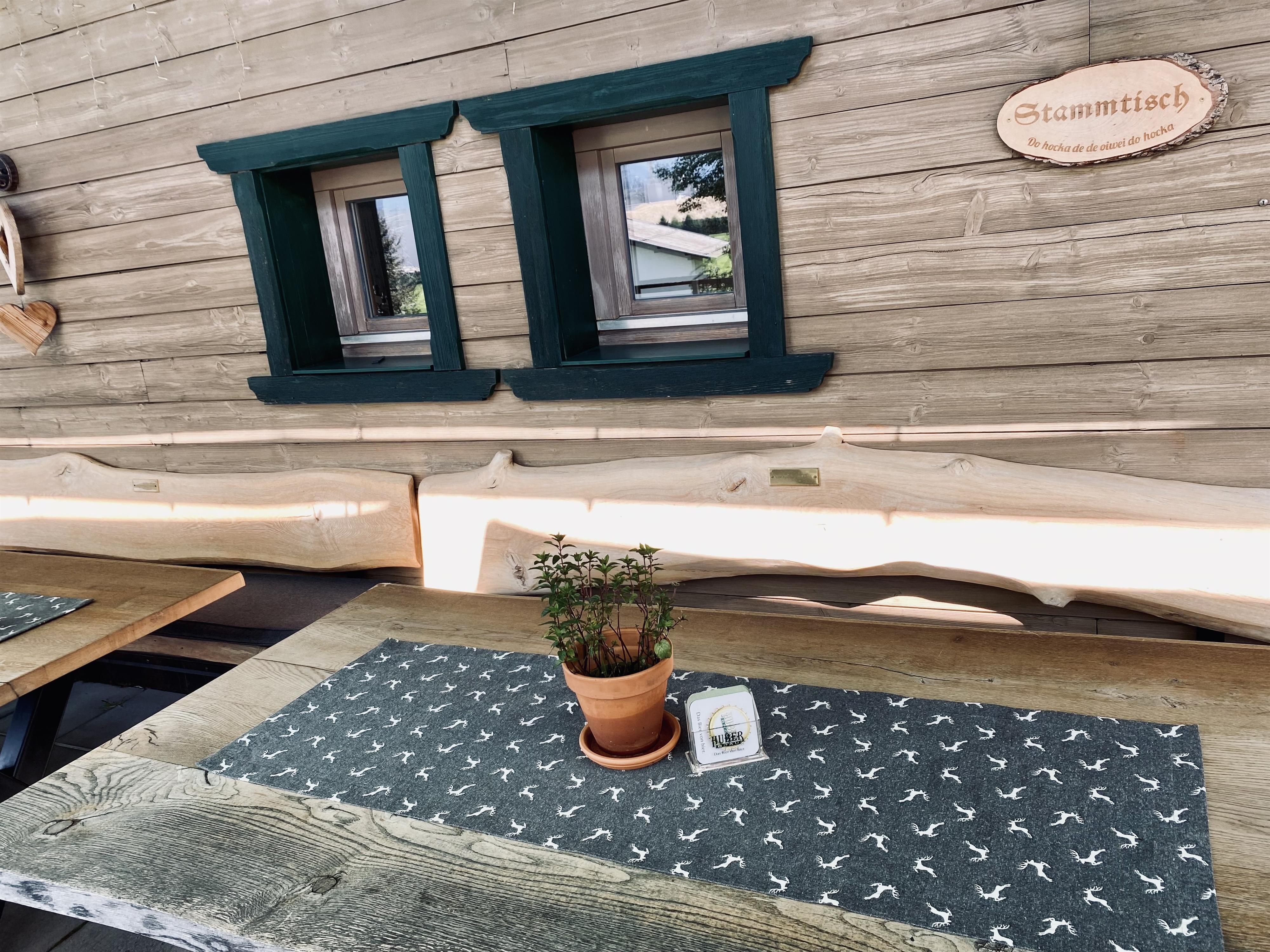 Ein gemütlicher Tisch mit einem Blumentopf und einer Tischunterlage. Im Hintergrund sieht man zwei Fenster eines Holzhauses.