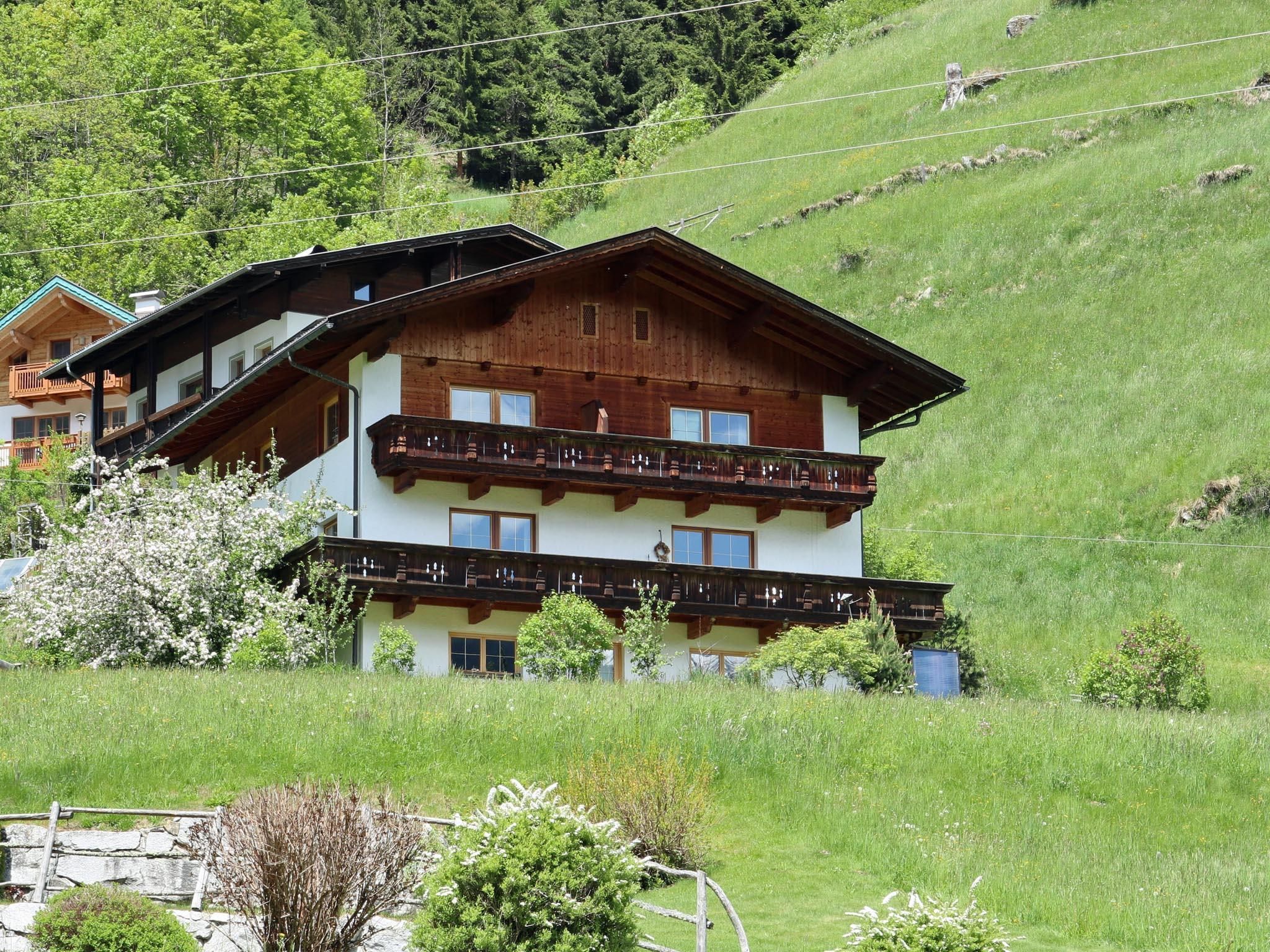 Ein charmantes Haus in den Bergen, umgeben von üppigem Grün. Die Architektur ist traditionell mit Holzbalkonen.