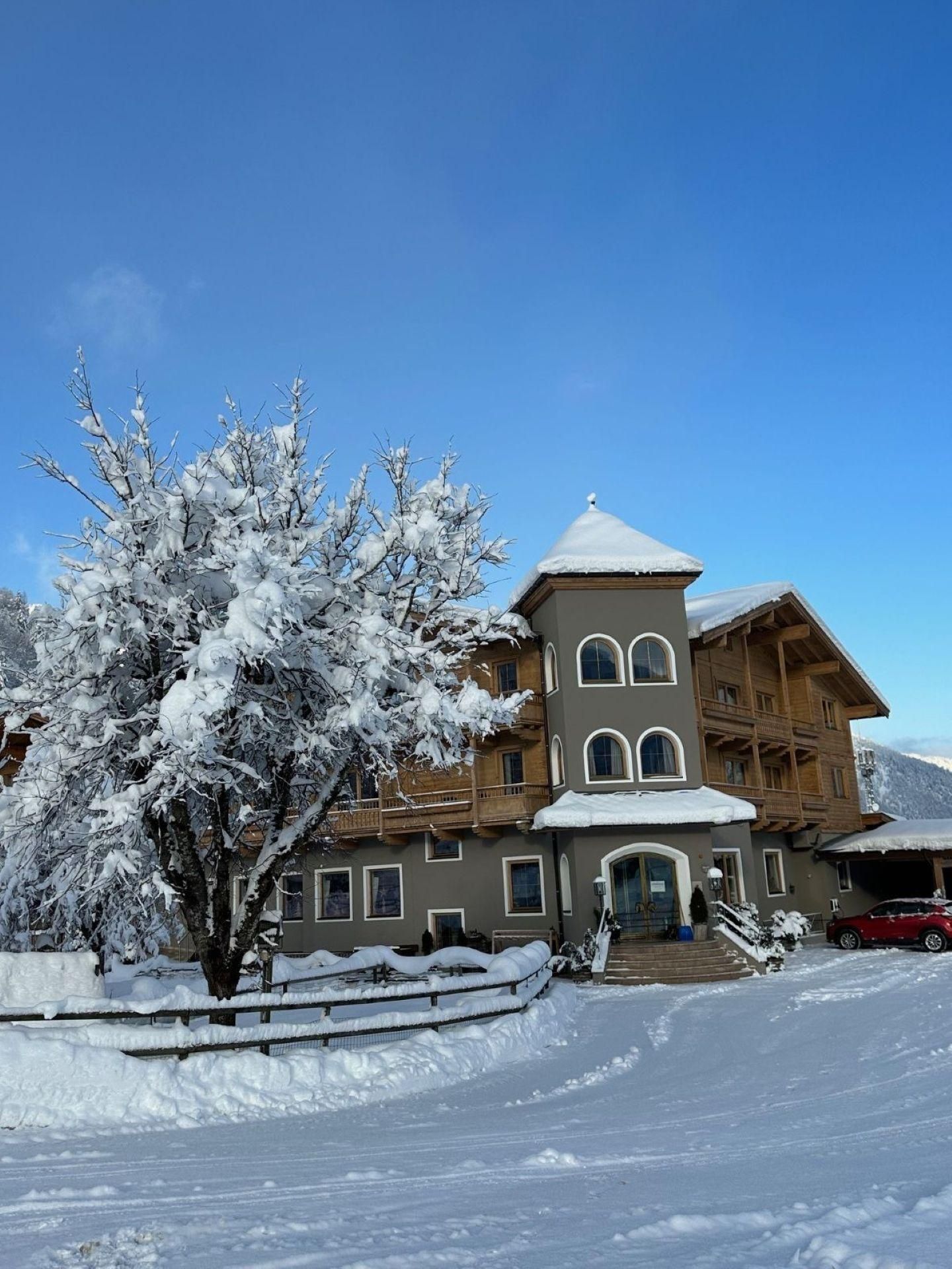 Ein schönes Gebäude im Schnee mit einem großen, verschneiten Baum. Der klare blaue Himmel vervollständigt die winterliche Landschaft.