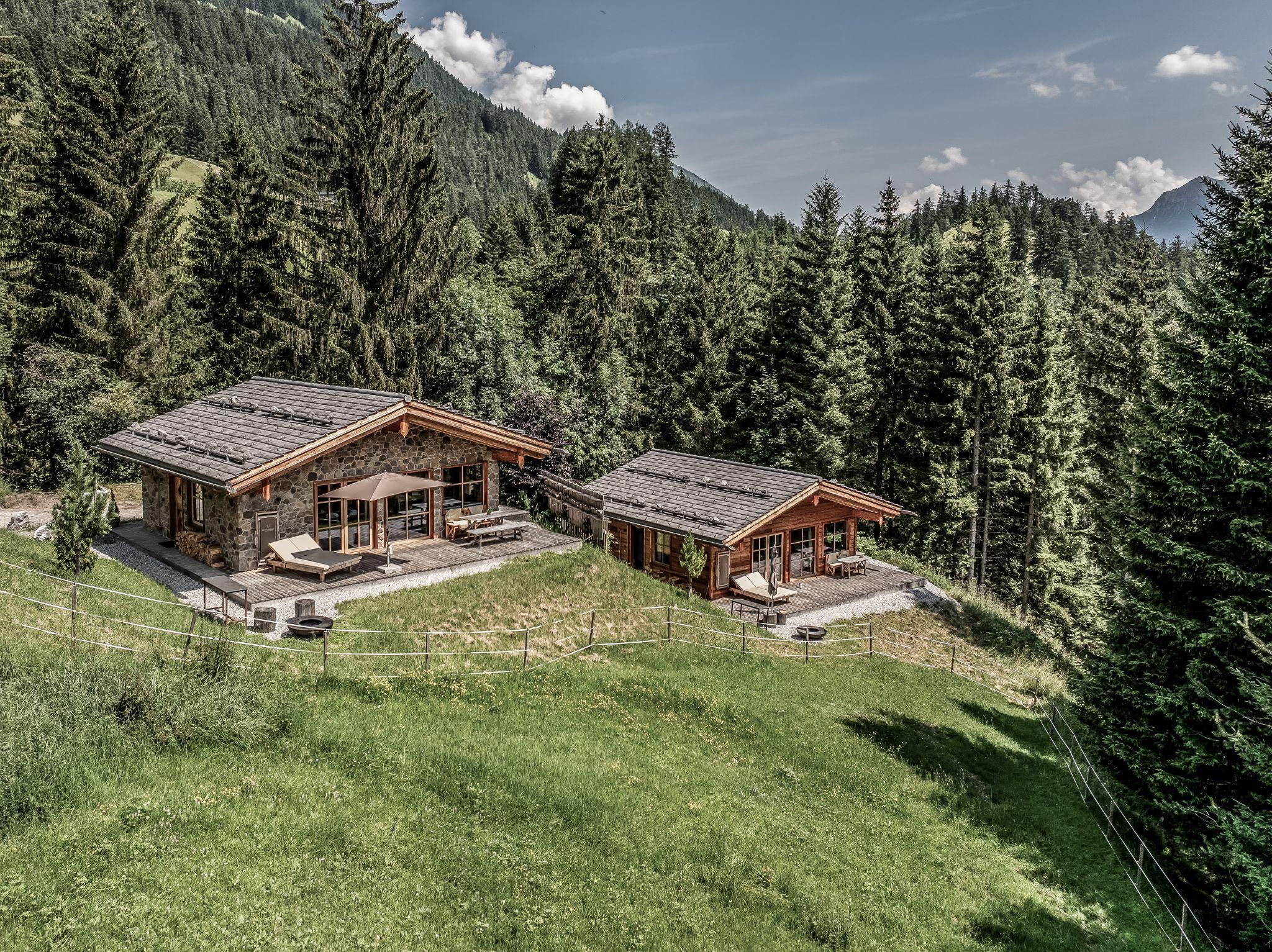 Zwei gemütliche Chalets inmitten eines grünen Waldgebiets. Die Umgebung ist von hohen Bäumen und sanften Hügeln geprägt.