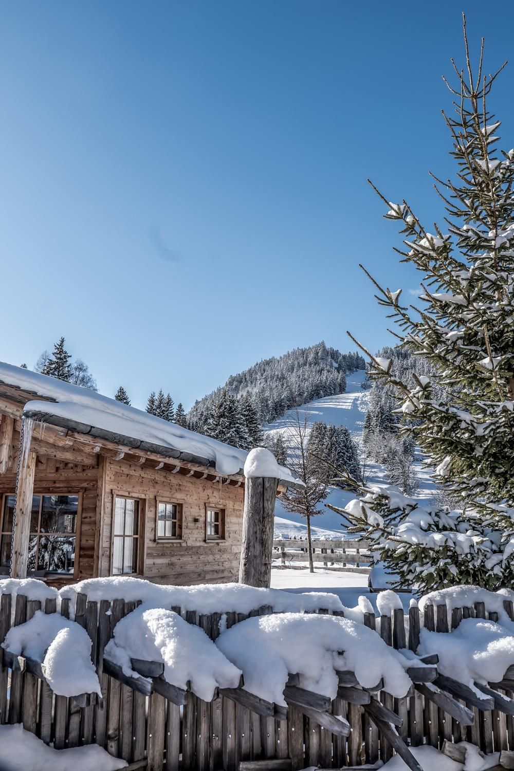 Eine charmantes Chalet im Schnee, umgeben von Tannenbäumen. Im Hintergrund sind verschneite Hügel und ein klarer blauer Himmel zu sehen.